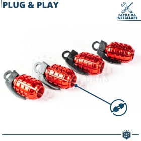 4 Tapones de Válvula Rojos "Granada" | Válvulas Neumáticos Universales para Coches y Moto en Aluminio