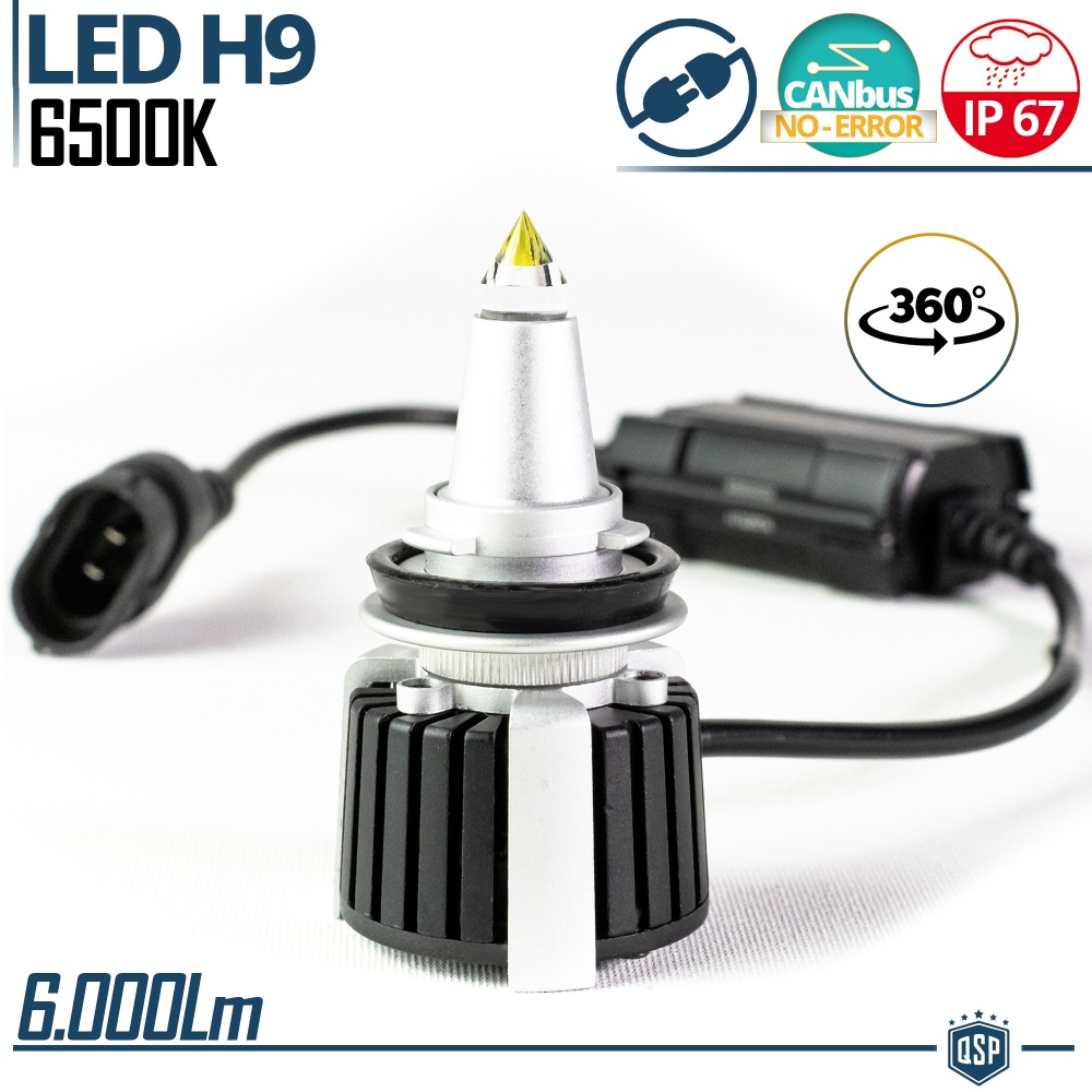 1 Bombilla LED H9 de Cuarzo 360° CANBUS | Luz Blanca Potente 6500K 55W
