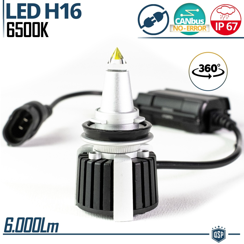 1 Bombilla LED H16 de Cuarzo 360° CANBUS | Luz Blanca Potente 6500K 55W