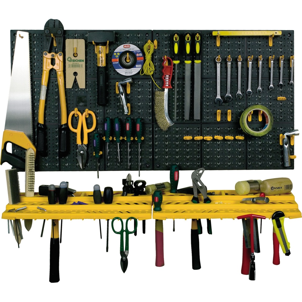 Panel Portaherramientas de Pared Profesional | 2 estantes + 50 ganchos surtidos | HECHO EN ITALIA Panel Portaherramientas de Pared Profesional | 2 estantes + 50 ganchos surtidos | HECHO EN ITALIA