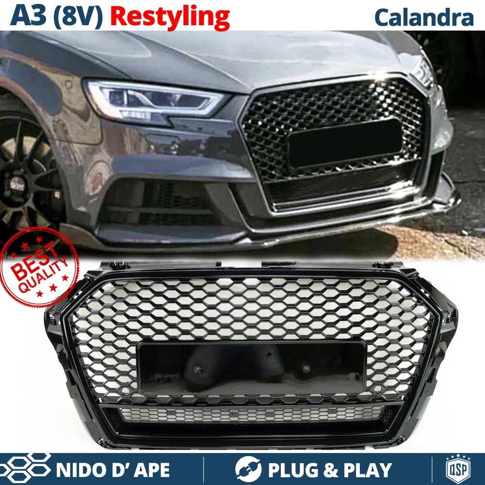 Parrilla REJILLA Delantera para AUDI A3 8V Facelift (desde 2016) | Nido de Abeja, Negro Brillante Parrilla REJILLA Delantera para AUDI A3 8V Facelift (desde 2016) | Nido de Abeja, Negro Brillante