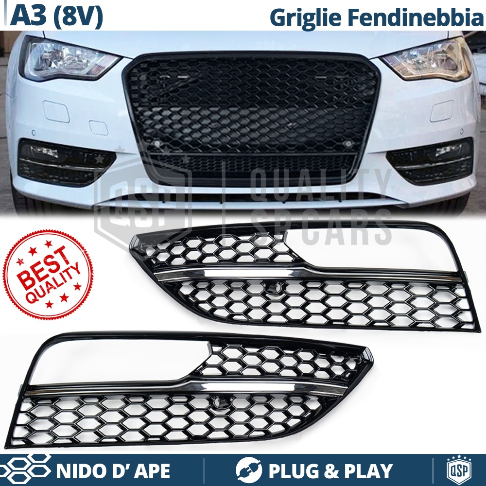 Rejilla Luz de Niebla para AUDI A3 (8V) RS3 Style | Parilla Nido de Abeja, Negro Brillante, Cuerda Cromada Rejilla Luz de Niebla para AUDI A3 (8V) RS3 Style | Parilla Nido de Abeja, Negro Brillante, Cuerda Cromada