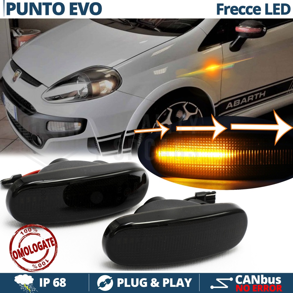 Frecce LED Dinamiche Laterali per Fiat PUNTO EVO 199, SEQUENZIALI Omologate, Nere, CANbus No Error Frecce LED Dinamiche Laterali per Fiat PUNTO EVO 199, SEQUENZIALI Omologate, Nere, CANbus No Error