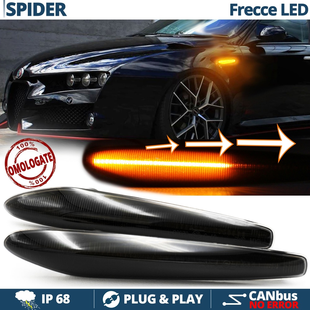 Frecce LED Dinamiche Laterali per Alfa Romeo Spider (939), SEQUENZIALI Omologate, Nere, CANbus No Error Frecce LED Dinamiche Laterali per Alfa Romeo Spider (939), SEQUENZIALI Omologate, Nere, CANbus No Error