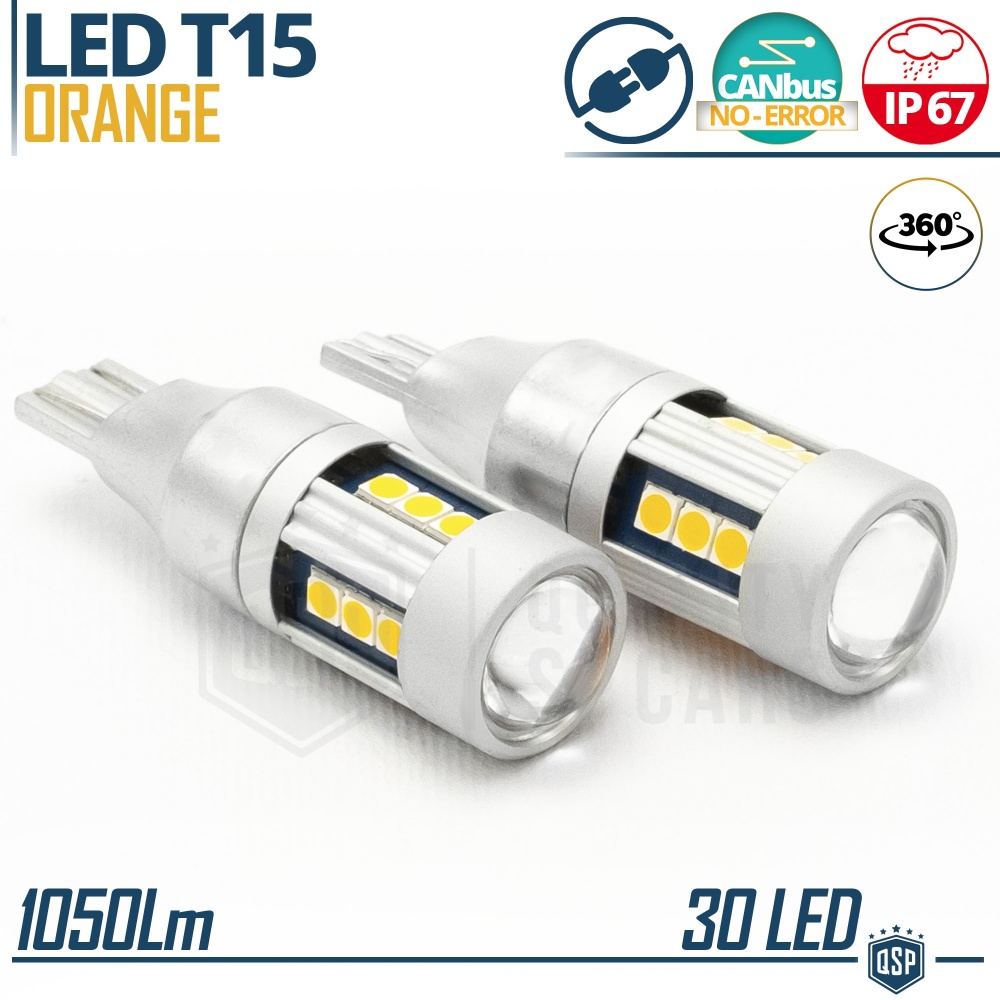 2 Lampadine LED T15 W16W CANbus | Luce FRECCE DIREZIONALI 360° Arancione | Plug & Play