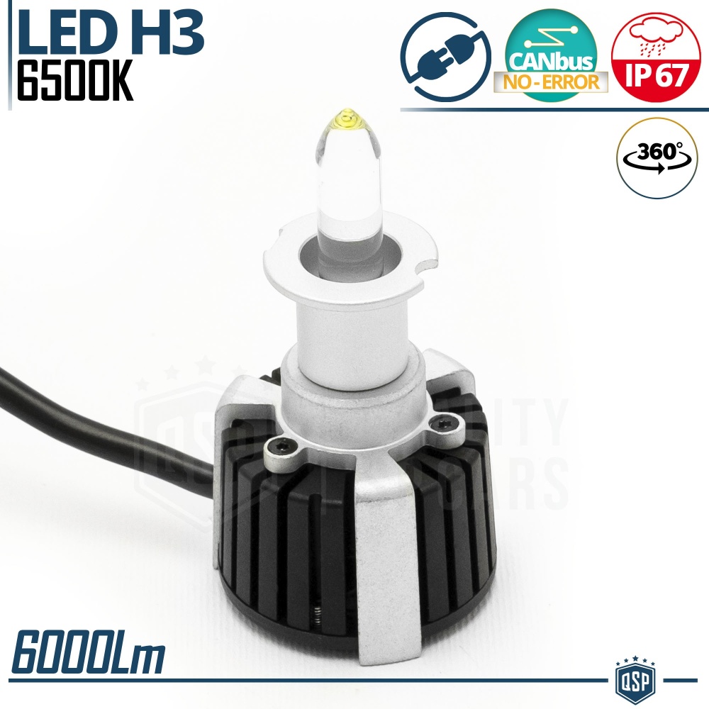1 Bombilla LED H3 de Cuarzo 360° CANBUS | Luz Blanca Potente 6500K 55W