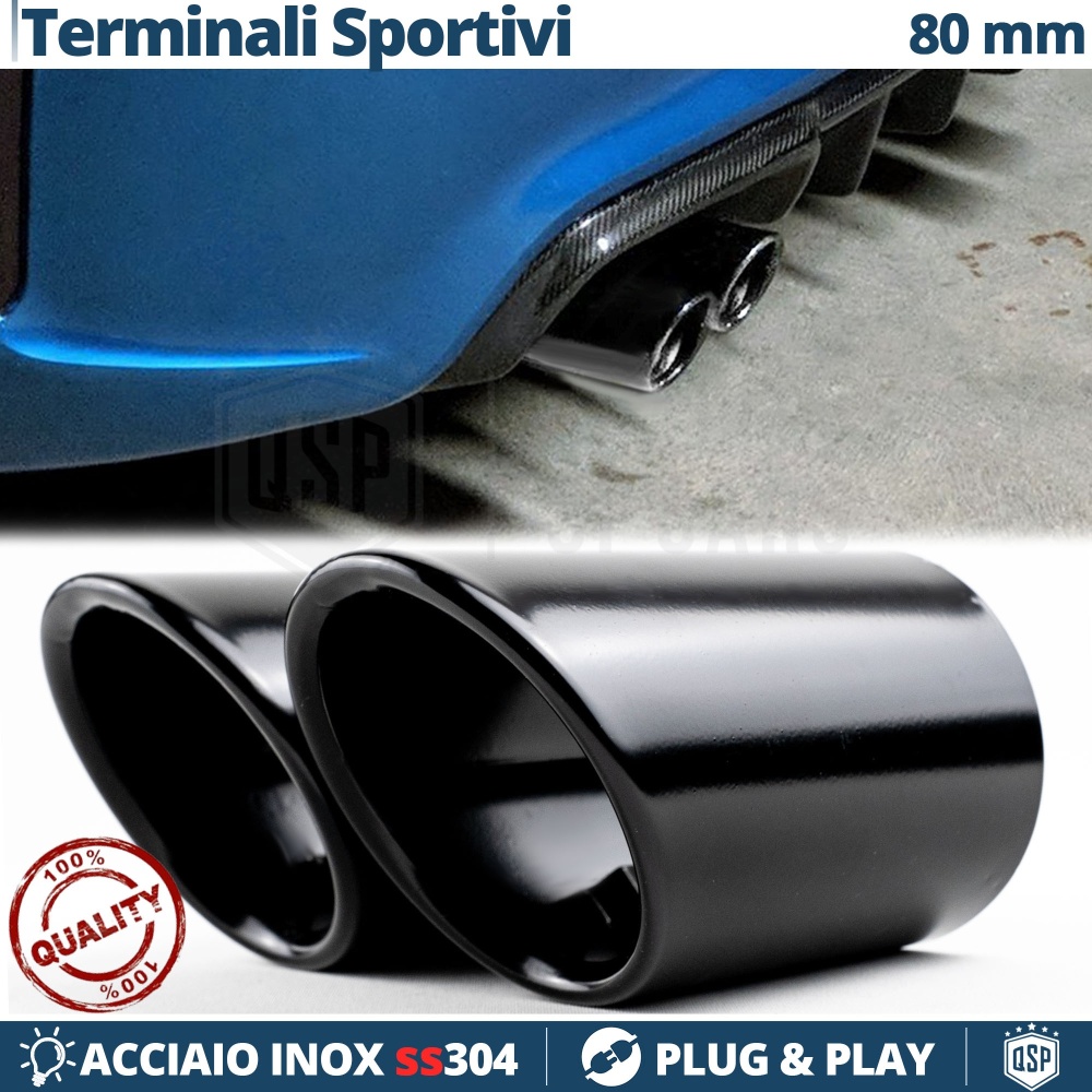 2x Tubos de ESCAPE Coche en ACERO Inoxidable Negro | Redondo, Silenciador Ø 69-74 MM