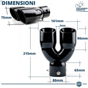 2x Tubos Dobles de ESCAPE Coche Universal en ACERO Inoxidable Negro | Redondo, Silenciador Max Ø 80 MM