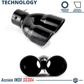 2x Tubos Dobles de ESCAPE Coche Universal en ACERO Inoxidable Negro | Redondo, Silenciador Max Ø 80 MM