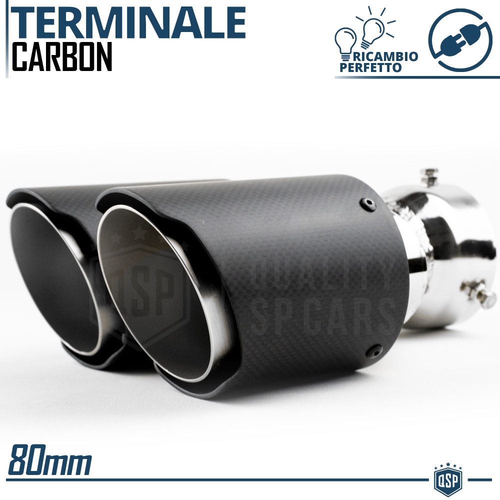Tubo Doble de ESCAPE Coche Universal en ACERO inoxidable Fibra de Carbón | Silenciador Ø 65-80 MM
