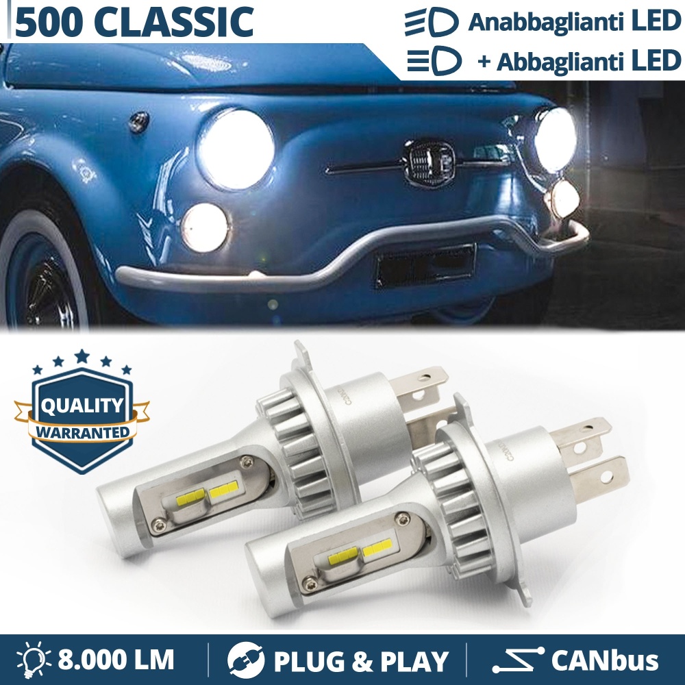 Kit Led H4 para FIAT 500 Antigua (36-75) Luces de Cruce + Carretera 6500k 8000LM | Plug & Play CANbus Kit Led H4 para FIAT 500 Antigua (36-75) Luces de Cruce + Carretera 6500k 8000LM | Plug & Play CANbus