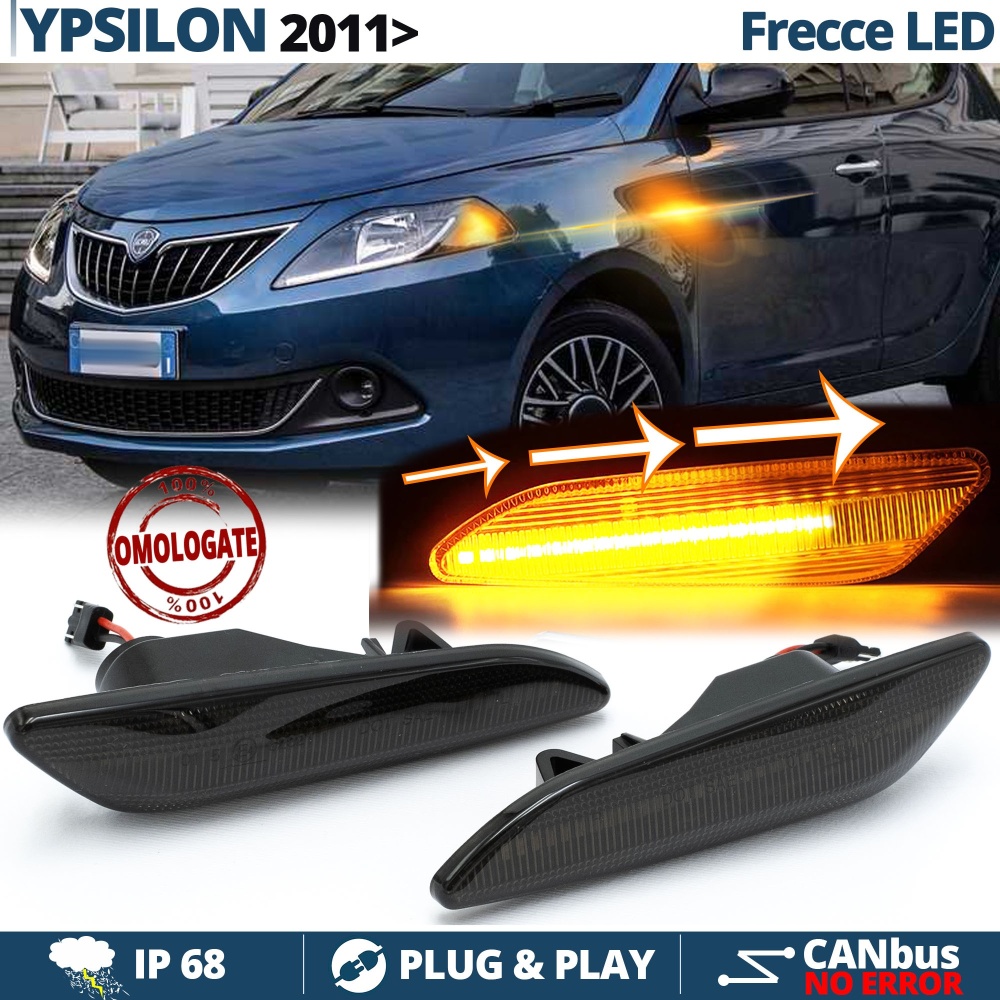 Frecce LED Dinamiche Laterali per Lancia Ypsilon 2 2011-, SEQUENZIALI Omologate, Nere, CANbus No Error Frecce LED Dinamiche Laterali per Lancia Ypsilon 2 2011-, SEQUENZIALI Omologate, Nere, CANbus No Error