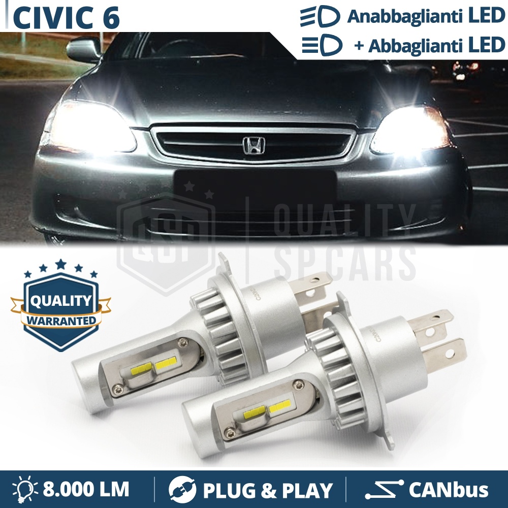 Kit Led H4 para HONDA CIVIC 6 Luces de Cruce + Carretera 6500k 8000LM | Plug & Play CANbus Kit Led H4 para HONDA CIVIC 6 Luces de Cruce + Carretera 6500k 8000LM | Plug & Play CANbus
