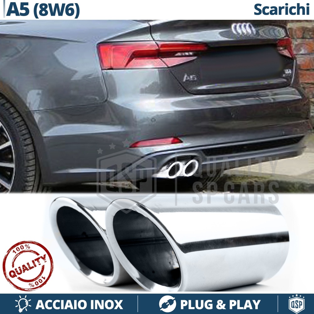 2 TERMINALI di Scarico Sportivi per AUDI A5 8W6 CROMATI in ACCIAIO Inox | Ad Incastro Plug & Play