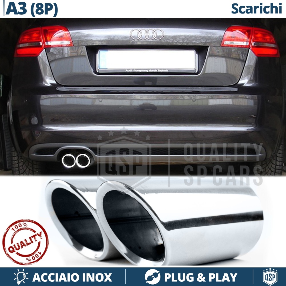 2 TERMINALI di Scarico Sportivi per AUDI A3 8P CROMATI in ACCIAIO Inox | Ad Incastro Plug & Play