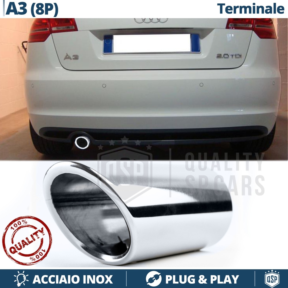 1 TERMINALE di Scarico Sportivo per AUDI A3 8P in ACCIAIO Inox Cromato | Ad Incastro Plug & Play