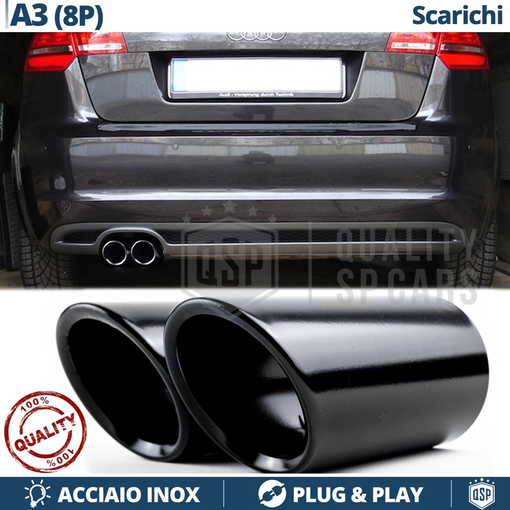 2 TERMINALI di Scarico Sportivi per AUDI A3 8P NERI in ACCIAIO Inox | Ad Incastro Plug & Play