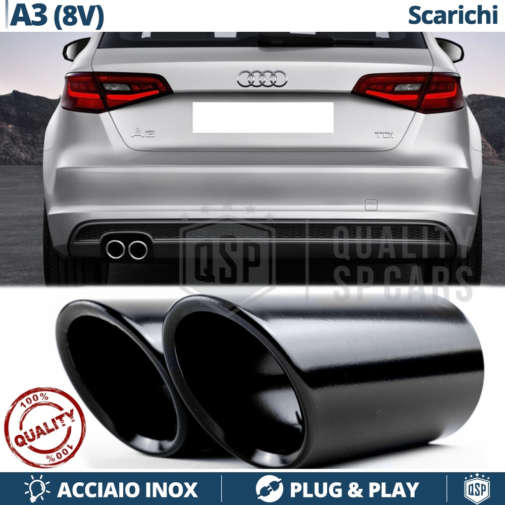 2 pcs EXHAUST TIPS for AUDI A3 8V BLACK Stainless STEEL | PLUG & PLAY Installation