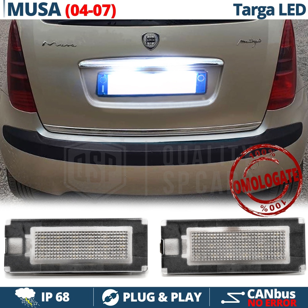 2 Placchette Luci Targa LED CANbus Per Lancia Musa (04-07), Omologate | Luce Bianca 6500K NO Errori