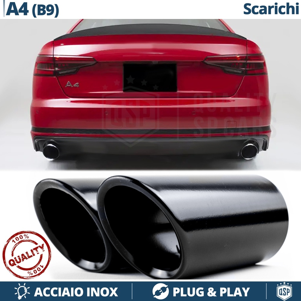 2 TERMINALI di Scarico DX + SX per AUDI A4 B9 in ACCIAIO Inox NERO | Ad Incastro
