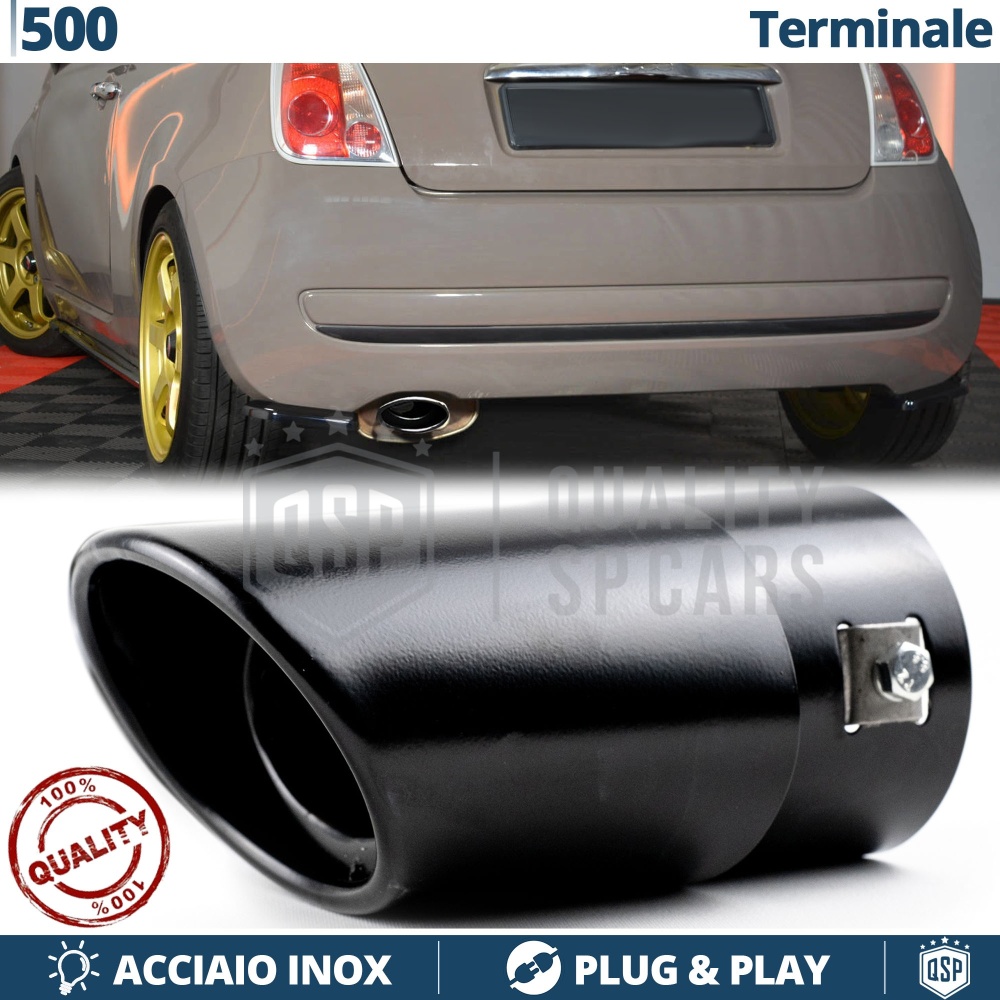 1 OVAL EXHAUST TIP for FIAT 500 Black Stainless Steel | PLUG & PLAY Installation