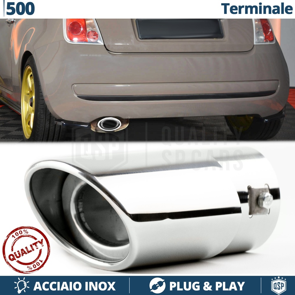 1 TERMINALE di Scarico OVALE per FIAT 500 in ACCIAIO Inox Cromato | Plug & Play