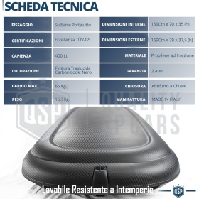 Cofre de Techo para Coche 400LT, Portaequipajes de Viaje, Fibra de Carbono Negro, APROBADO TÜV