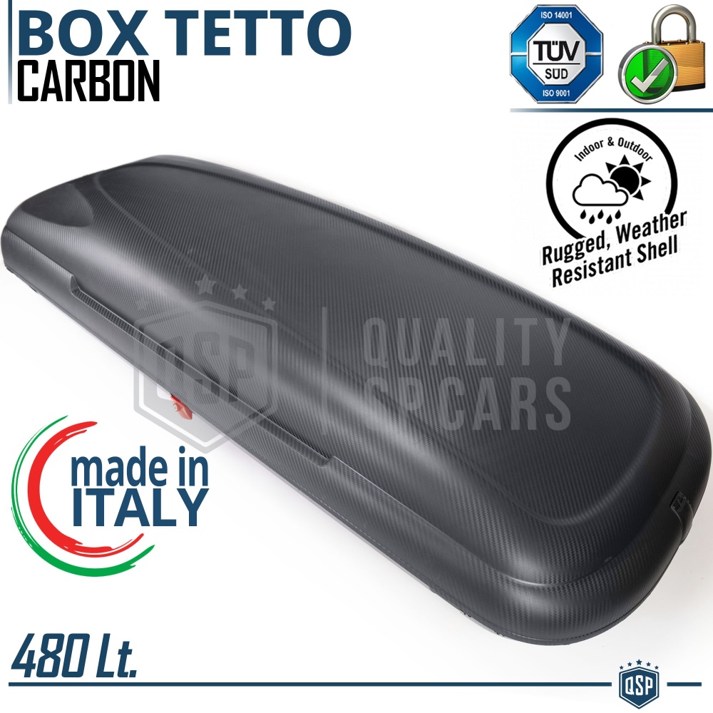 Cofre de Techo para Coche 480LT, Portaequipajes de Viaje, Fibra de Carbono Negro, APROBADO TÜV