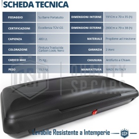 Cofre de Techo para Coche 480LT, Portaequipajes de Viaje, Fibra de Carbono Negro, APROBADO TÜV