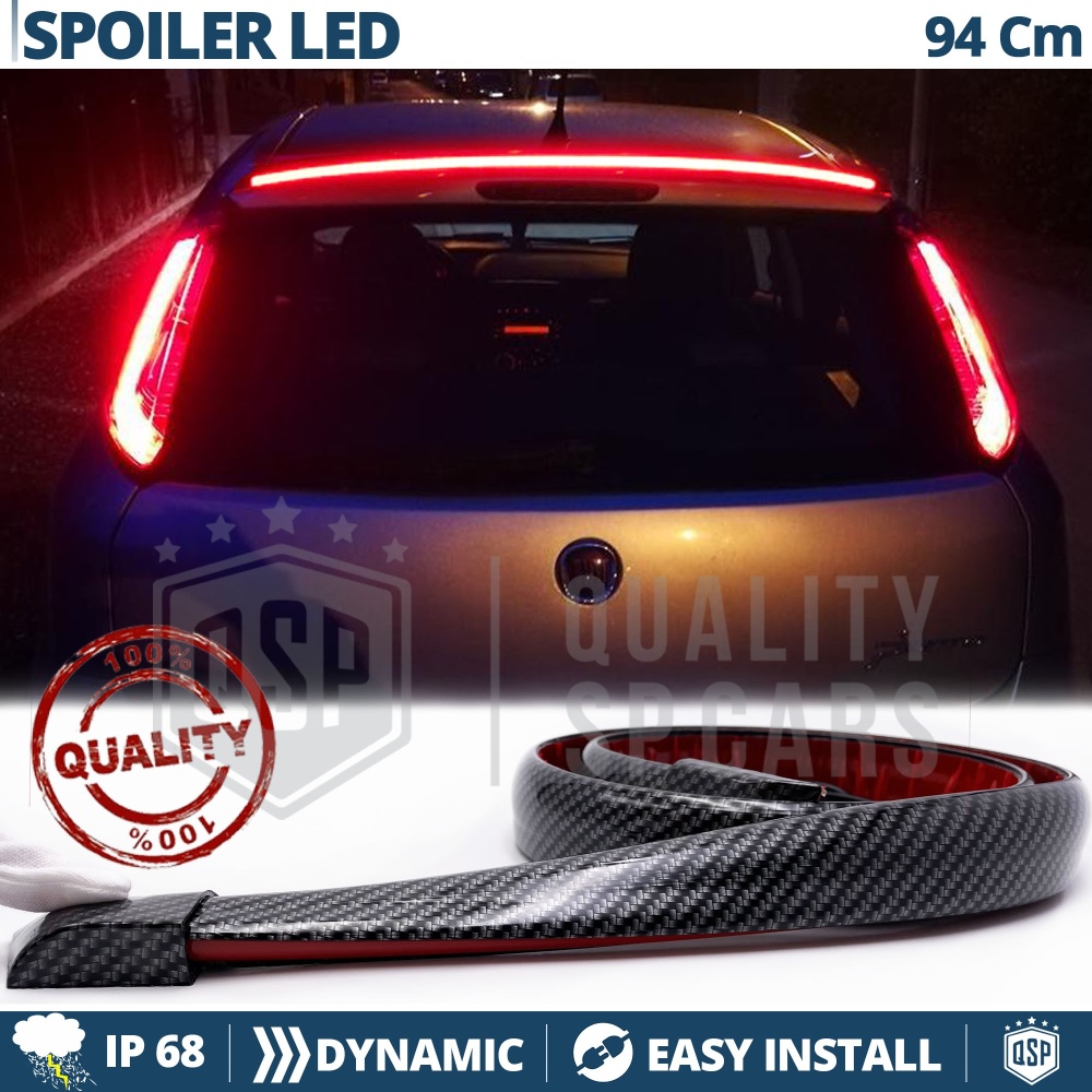 SPOILER LED Trasero Adhesivo Universal | Alerón Maletero Techo 94Cm, Efecto Fibra de CARBONO Negro