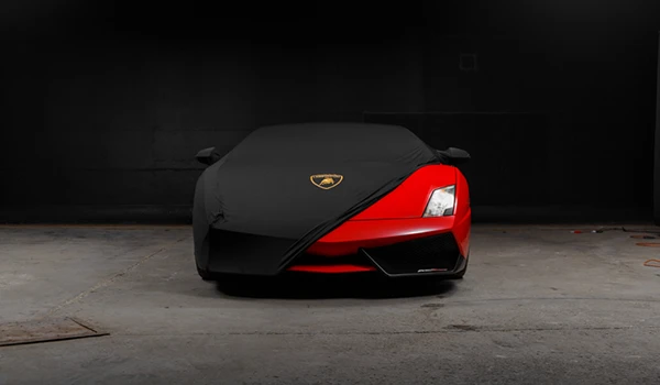 Superdeportivo Lamborghini medio cubierto por una cubierta de coche